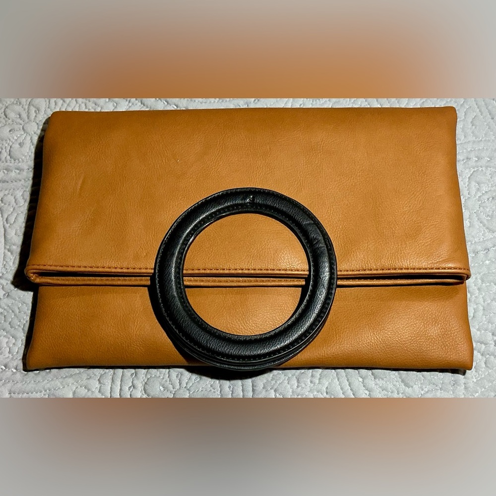 Anthropologie Camel Tan Clutch with Black Ring Handle - Picture 2 of 12